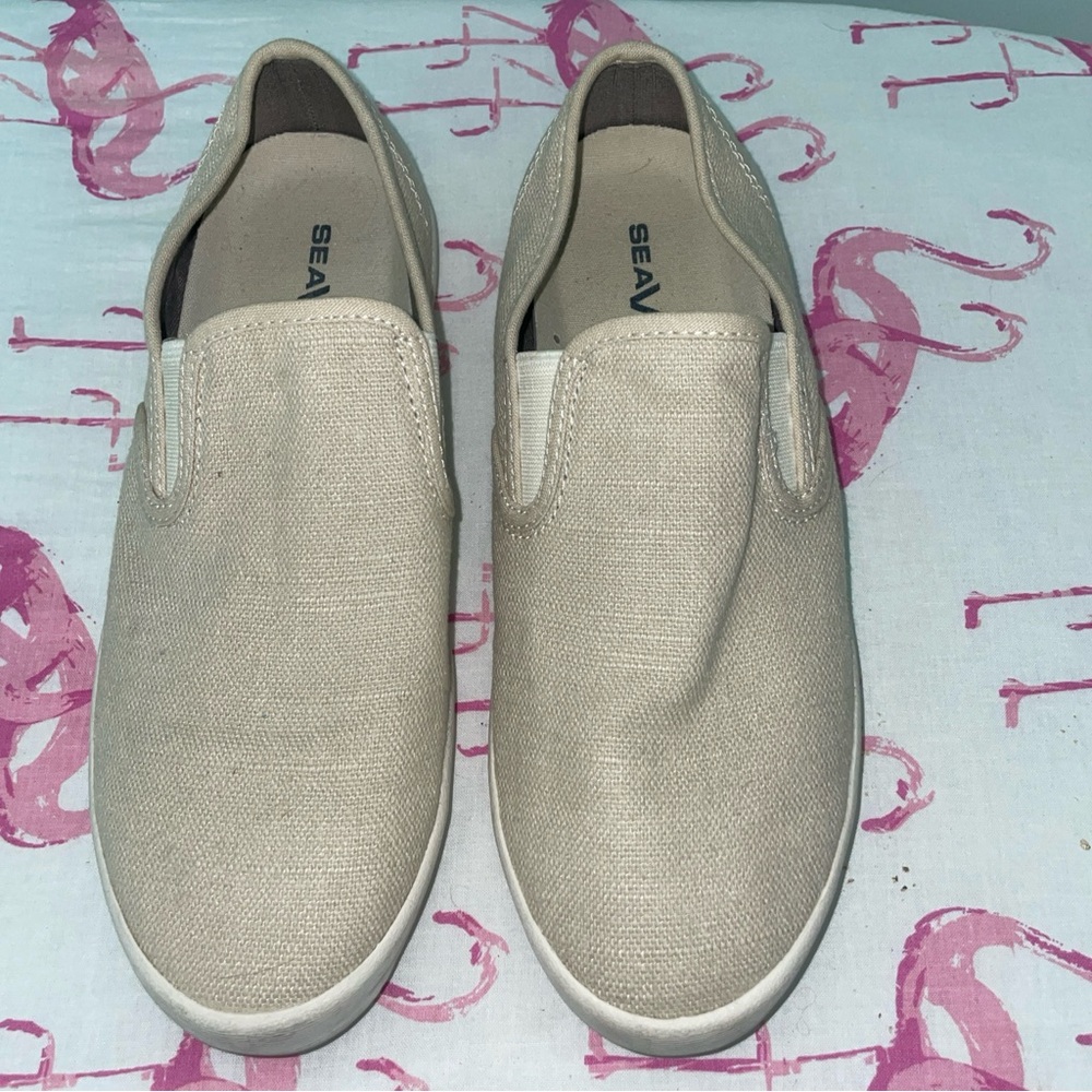 SeaVees Womens Baja Slip On Standard Beige Linen Canvas Sneakers Shoes 7 Medium